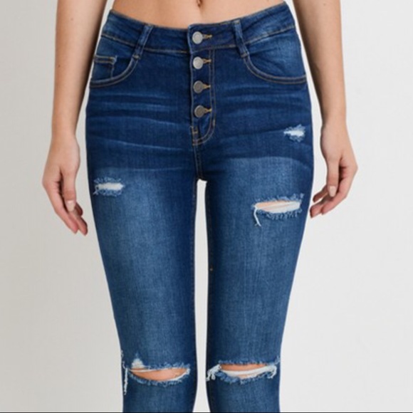 🆕Med Blue Buttonfly High Waist Ripped Skinny Jean - Picture 6 of 10